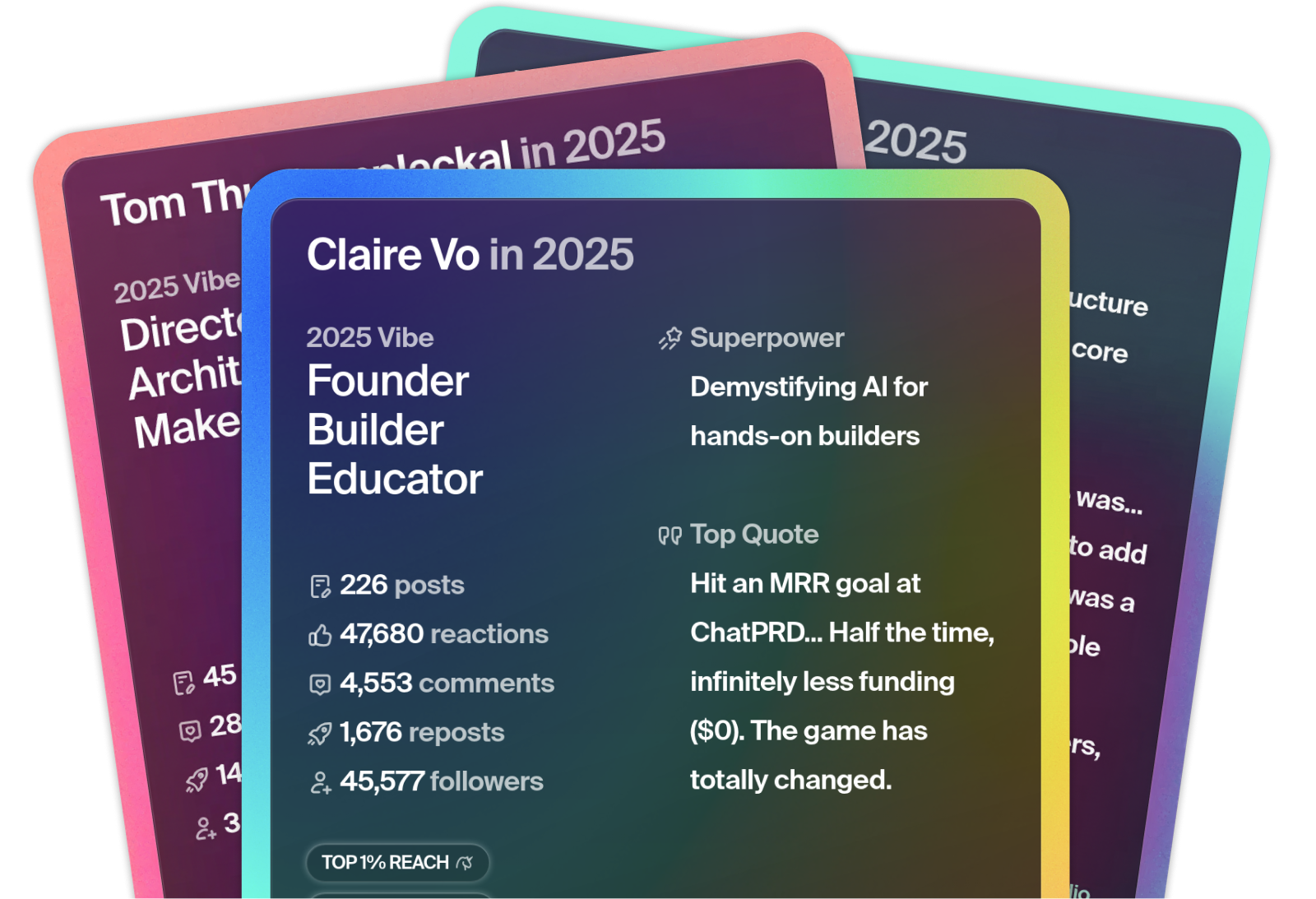 Example LinkedIn Rewind cards showing personalized stats, vibes, and quotes